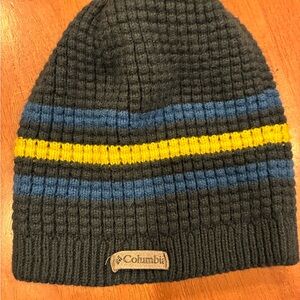 Columbia boys stocking hat, navy blue with yellow stripes